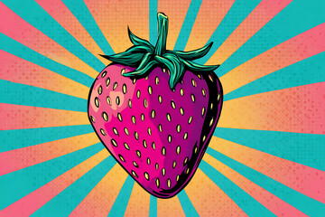 Vibrant illustration of a large strawberry against a colorful sunburst background