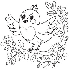 Bold and Easy Cute Bird Coloring Pages 
with Black and white vector illustration