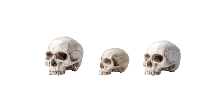 Three human skulls isolated on transparent background