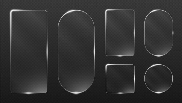 Glossy glass frames with neon edges in vibrant colors. Square circular and hexagonal borders for banners title plates interface screens and futuristic game HUD elements with glowing highlights.