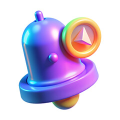 Vibrant 3D Render of a Notification Bell with Triangle Icon on Black, Glowing Gradient Colors, Shiny Plastic Texture                                  