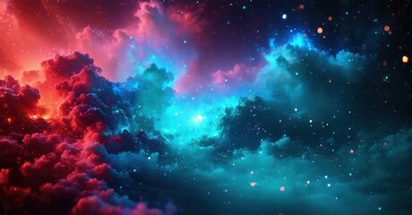 Vibrant nebula displays cosmic clouds. Pink, blue hues blend, creating stunning space vista. Stars sparkle within dark background.