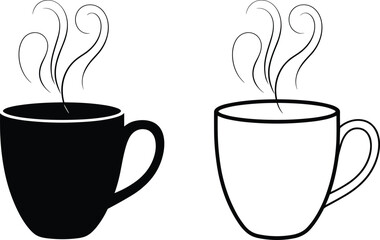 Black and white simple line art of two steaming coffee cups hot drink beverage