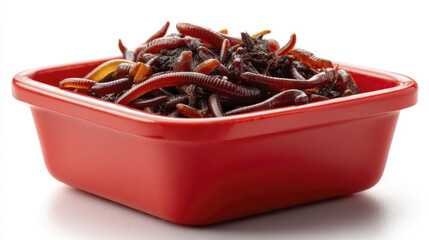 Red worms in red plastic container for vermicomposting organic waste, showing natural texture and moist soil, vibrant and lively environment for decomposition