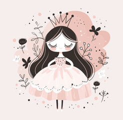 Little princess vector postcard for nursery. Cute girl in dress, printable design, flat illustration for invitation. © Salomi art