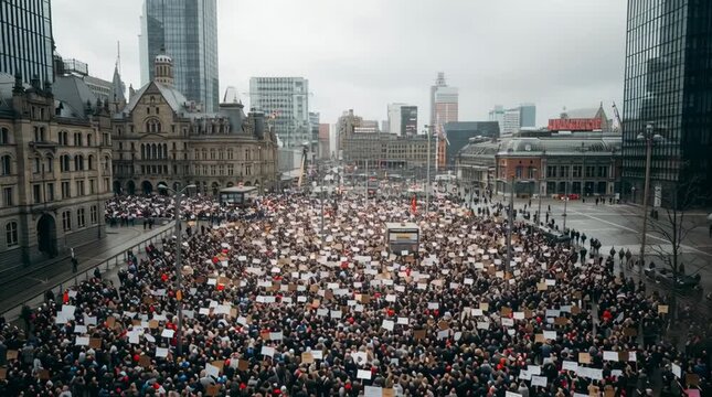 Large protest gathering in historic city square with banners advocating justice and social equality