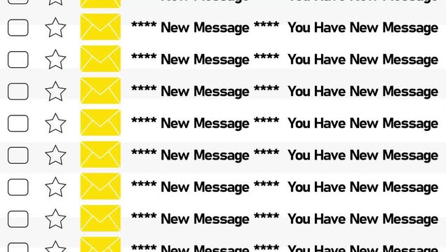 Email inbox screen showing multiple virus-infected messages with suspicious subject lines. Slow vertical scroll reveals phishing attempts.4K animation of spam email alert