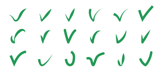 Green check mark set. Hand drawn Tick symbol. Checkmark icons in flat style. Vector illustration.
