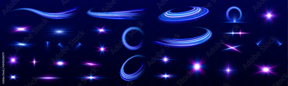 Poster set of glowing speed spirals on dark background for your neon design. sun flash with rays neon spotl
