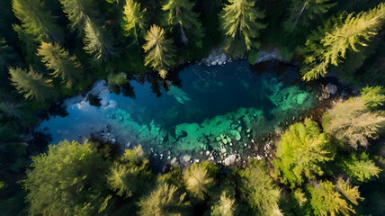 Fototapeta premium Crystal-clear river flowing through vibrant forest, sky beautifully mirrored on water