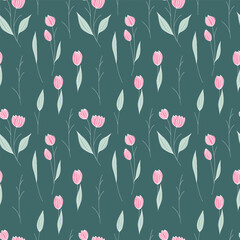 Seamless pattern with pink tulips on green background. Cute ornament for wallpaper, fabric, card.