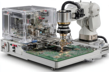 Precision robotic arm testing machine with clear protective casing working on green circuit board in laboratory setting