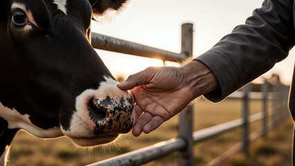 A farmer's gentle hand pets the soft nose of a trusting cow at sunset.