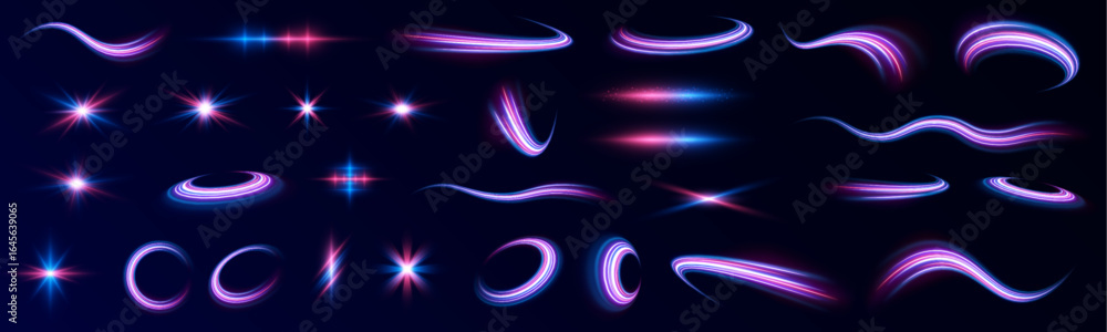 Poster set of glowing speed spirals on dark background for your neon design. sun flash with rays neon spotl
