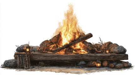 Cozy warm bonfire with large burning logs surrounded by stones and small lanterns, creating rustic and inviting outdoor hearth atmosphere