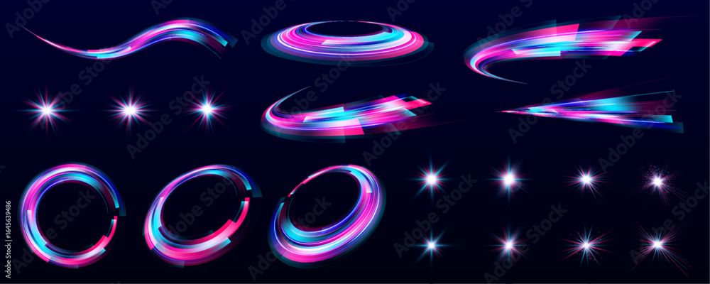 Aufkleber set of glowing speed spirals on dark background for your neon design. sun flash with rays neon spotl