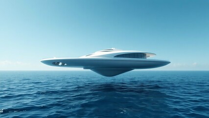 Obraz premium Futuristic yacht sailing on crystal clear ocean under blue summer sky