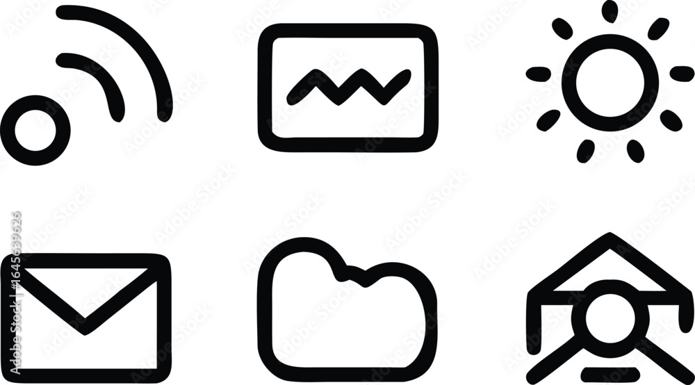 Poster set of six simple bold black line icons representing various objects vector