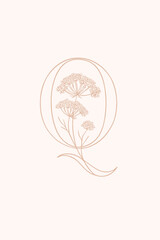 Elegant rose gold letter Q with intricate lace-like floral illustration on a soft neutral background, perfect for luxury monograms, wedding stationery, and upscale branding projects