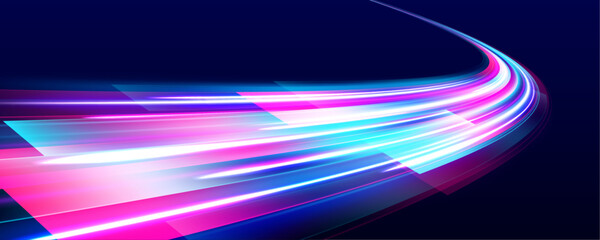 Futuristic light motion effects on a black background, showcasing fast-moving neon stripes and creative illustrations of high-speed concepts, ideal for visualizing technology and progress.	