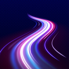 Neon swirls with light effect in the form of a spiral. Laser beams, horizontal light rays. Particle motion effect. Magic of moving fast lines.	