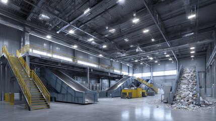 Waste sorting facility interior with conveyor belts and piles of recyclable materials under bright industrial lighting, showcasing organized recycling process and clean environment