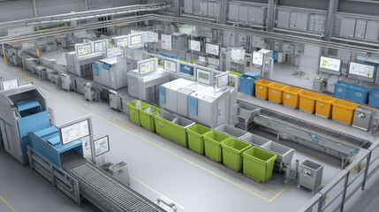 Automated waste sorting facility interior with conveyor belts, colorful bins, and digital screens displaying sorting data in clean industrial environment