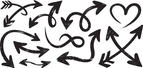 Collection of grunge black hand drawn arrows and heart shape white