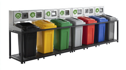 Recycling station with color coded bins for waste sorting including black yellow green gray red blue containers designed for organized environmental cleanliness and recycling efforts