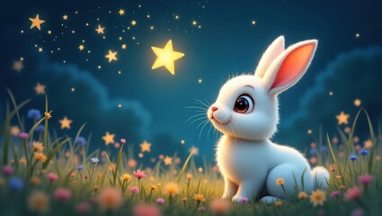 A whimsical bunny gazes at a luminous starlit night.