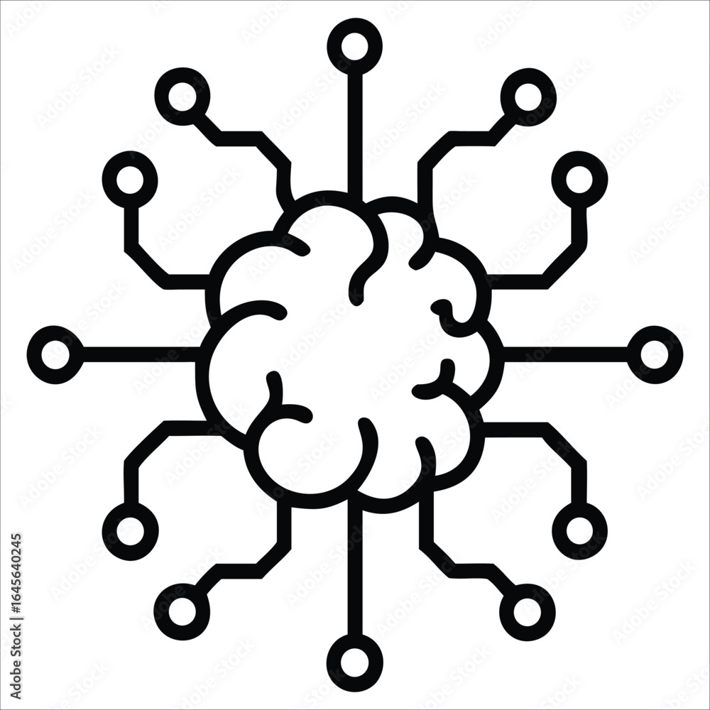 Poster stylized outline of a human brain connected to a network of digital circuits and nodes symbolizing a