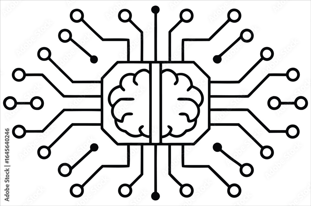 Poster stylized illustration of a computer chip with a brain motif at its center symbolizing artificial int