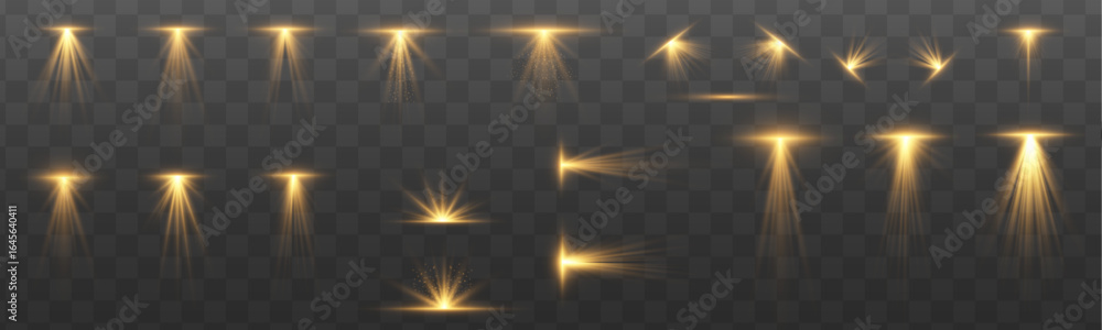 Poster set of realistic yellow light explosions on transparent background. vector golden light with glare. 