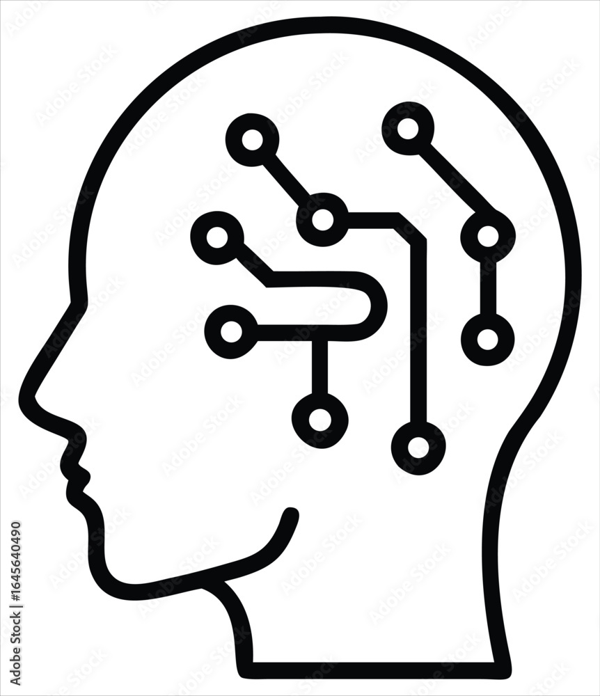 Poster abstract outline of a human head profile with a stylized digital circuit board pattern inside repres