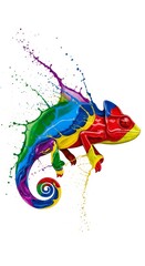Obraz premium Splashing multicolored rainbow paint shaped like a chameleon on a solid white background