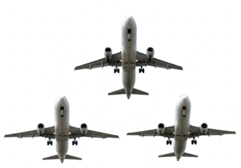 Three airplanes flying in the sky isolated on transparent background
