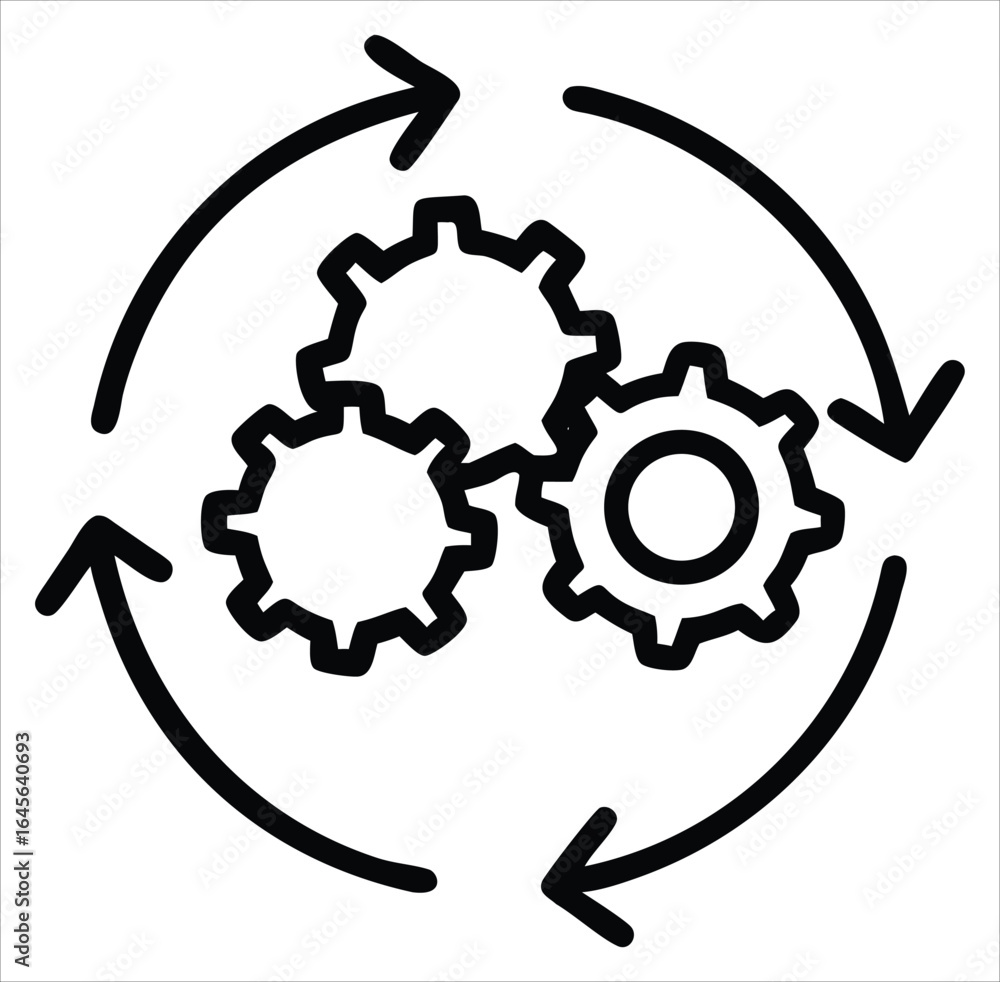 Poster conceptual illustration of interconnected gears within a circular arrow system symbolizing process w