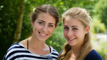 Obraz premium Two happy university students posing against a green campus backdrop with natural lighting.