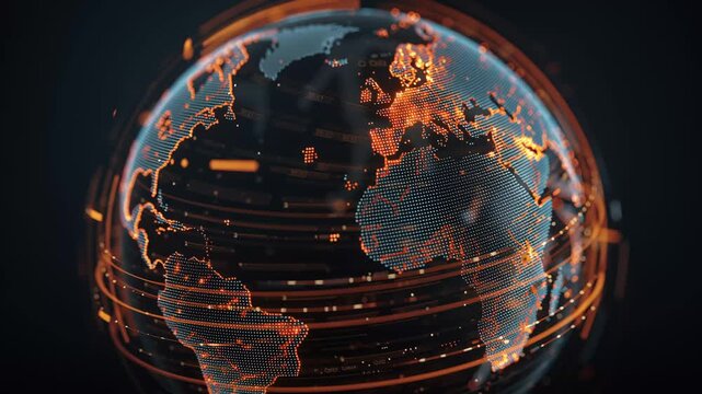 Futuristic digital globe with glowing orange data points, quantum encryption, cyber security, technology innovation, and global network