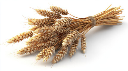 Wheat stalk bundle tied with string on white background, showing golden dry grain heads and stems, symbolizing harvest and agriculture with natural texture and warm tones
