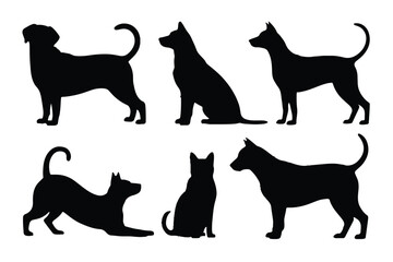 Six dog silhouettes in different poses Keywords: dogs, silhouettes, pets, animals, domestic