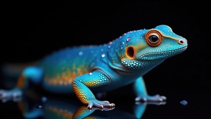Fototapeta premium Vibrant blue gecko with orange accents on a dark reflective surface