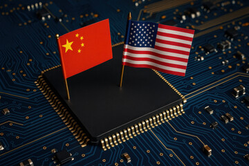 China and USA Flags on Microchip Symbolizing Tech Competition