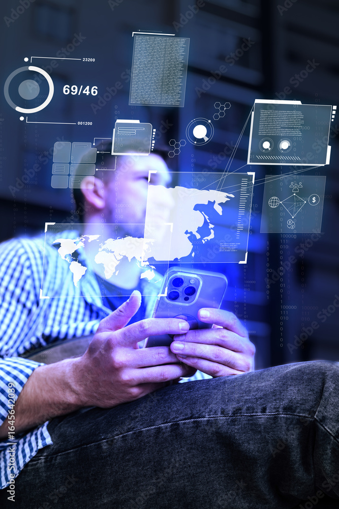 Poster young adult using smartphone with augmented reality interface in urban setting during evening hours
