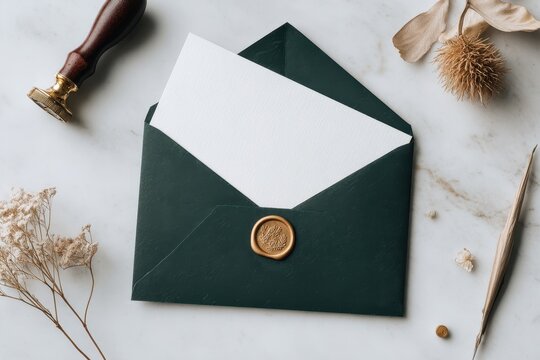 Elegant Dark Green Envelope with Wax Seal and Blank Card on Marble Surface - Powered by Adobe