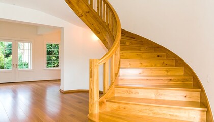 A spiral staircase with wooden steps and banister in a bright interior.
