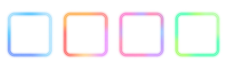 Illustration of neon electric style square frame. Neon glowing square frames, futuristic gradient colorful borders, modern vector decoration. Isolated on transparent background. PNG.	