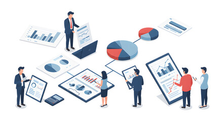 Isometric Business Team Analyzing Data and Financial Reports