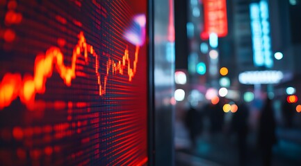 Red stock market graph going down on a digital display background. Business concept of a red downward-trending line representing financial and stock market candles,