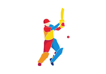 A vibrant cricket player in mid swing ready to strike the ball with high energy in a clean vector